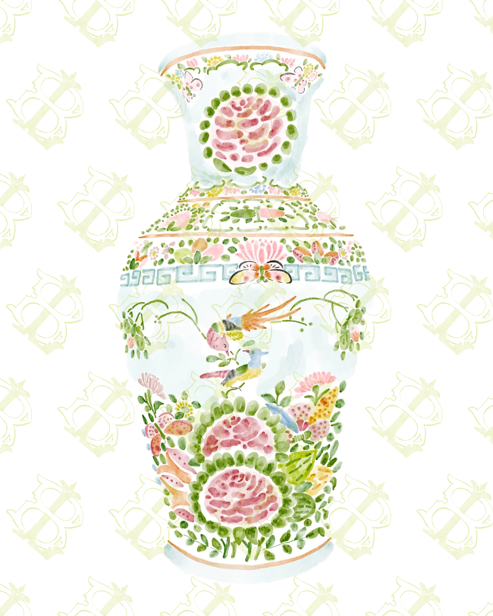 Rose Medallion Vase Watercolor Print | Professional Print